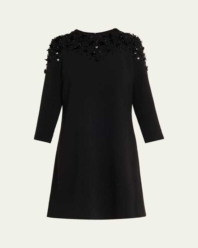 A-Line Floral Applique Crepe Dress